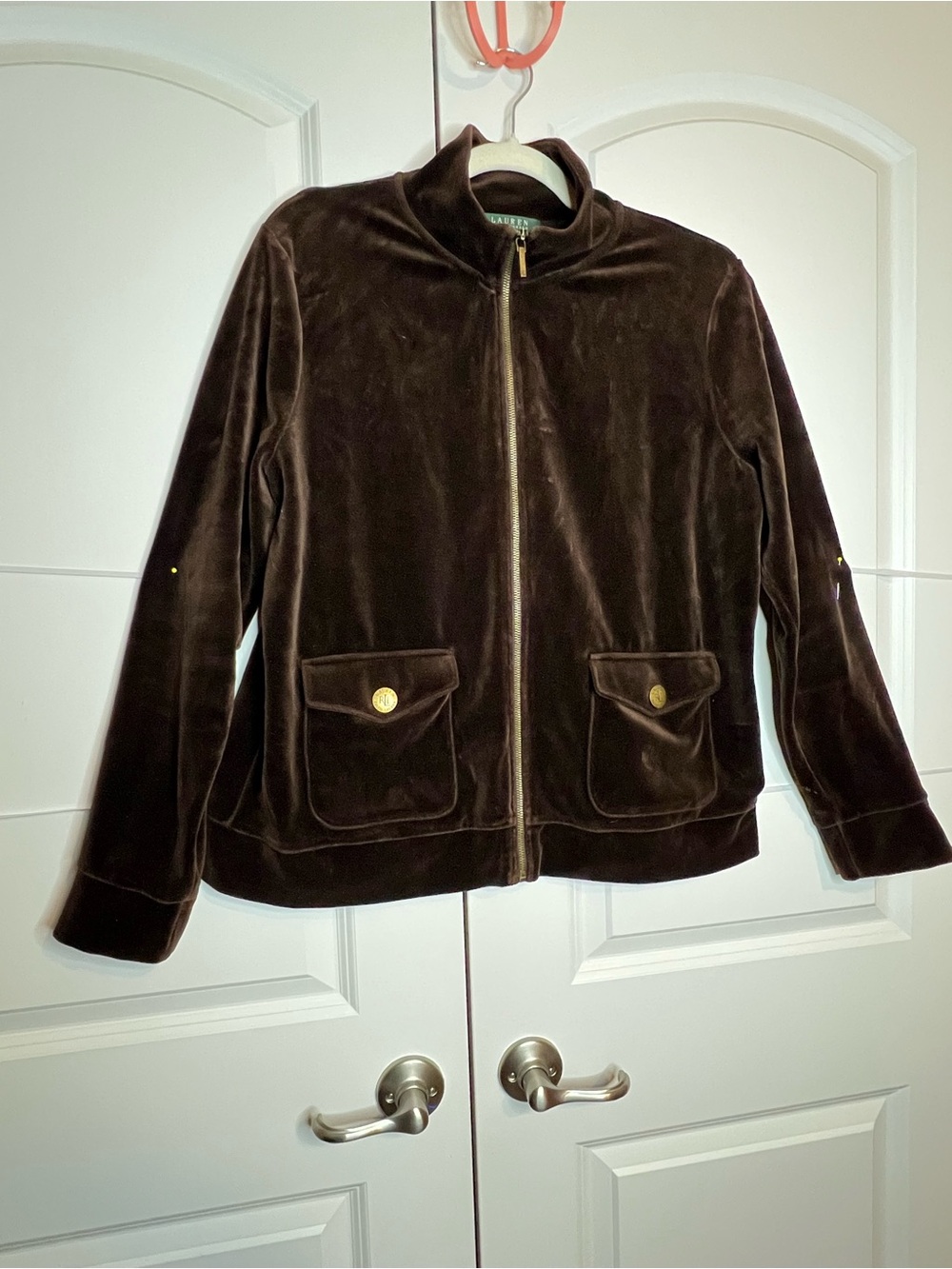 Lauren Ralph Lauren Brown Velour Jacket XL Gold RL Buttons Full Zip - Picture 5 of 7